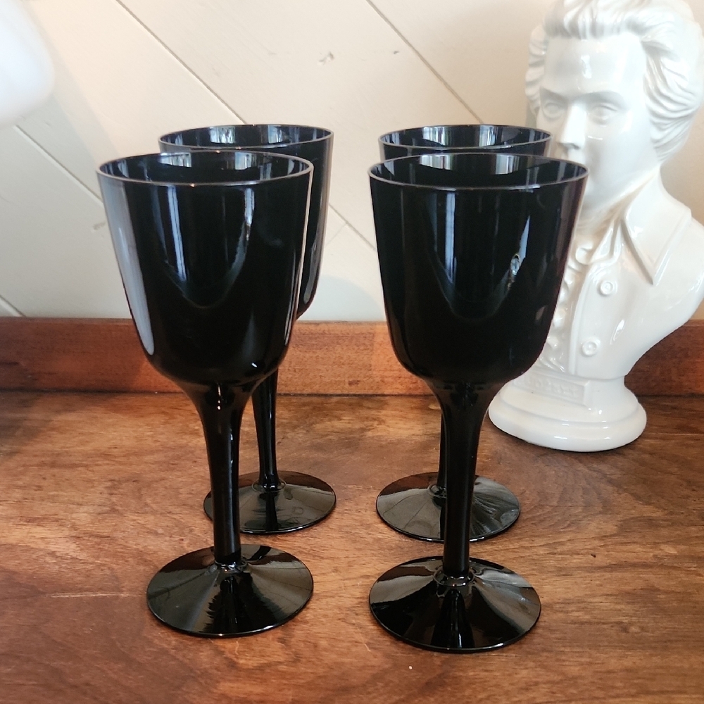 Royal Krona Set of 4 Black Wine Glasses, Vintage
